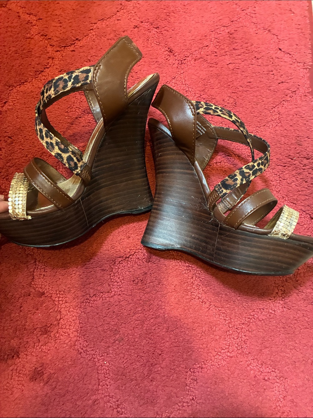 bebe Brown Leopard Print Strappy Heels with Gold Accents